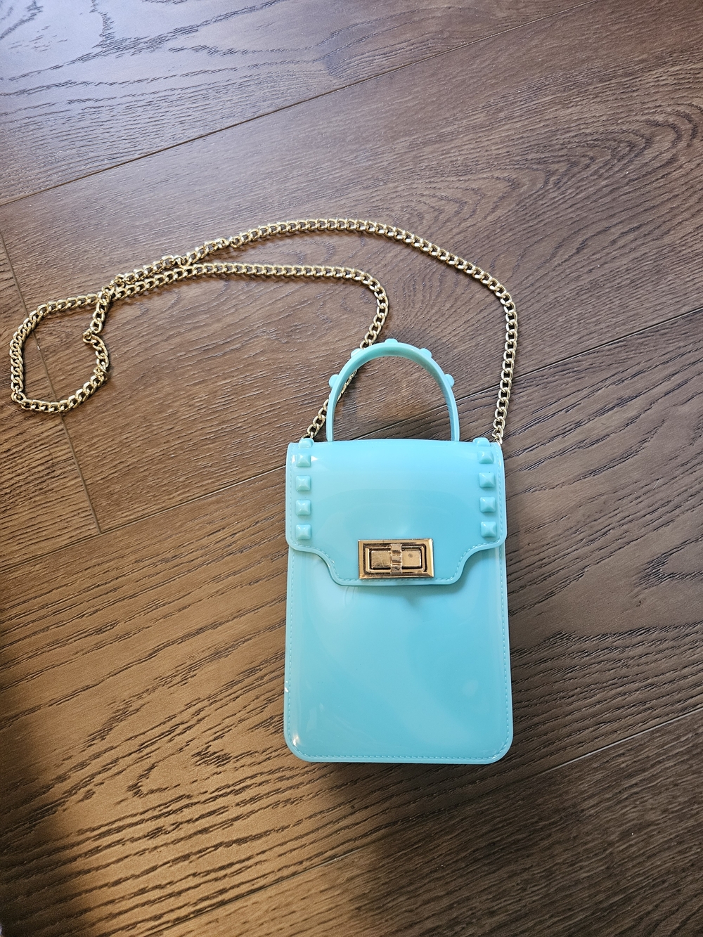 Aqua Mini Crossbody jellly Phone Bag with Gold Chain